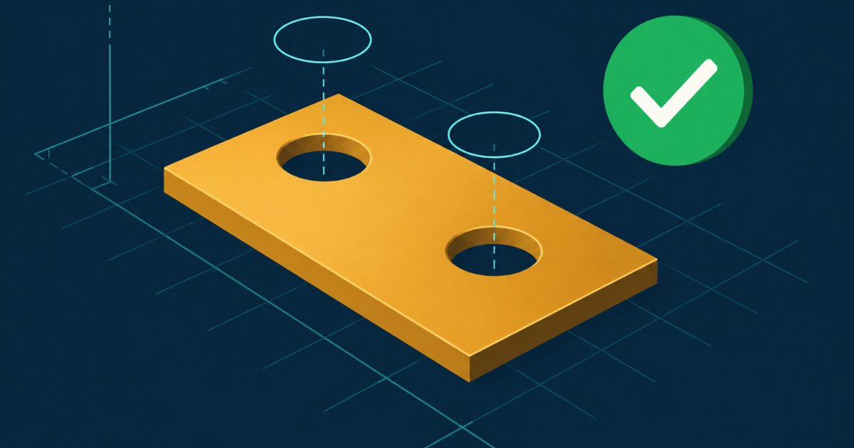 Abstract editorial illustration of a flat amber metal plate with two empty circular outlines floating above it and a green check mark badge beside it, on a navy background.
