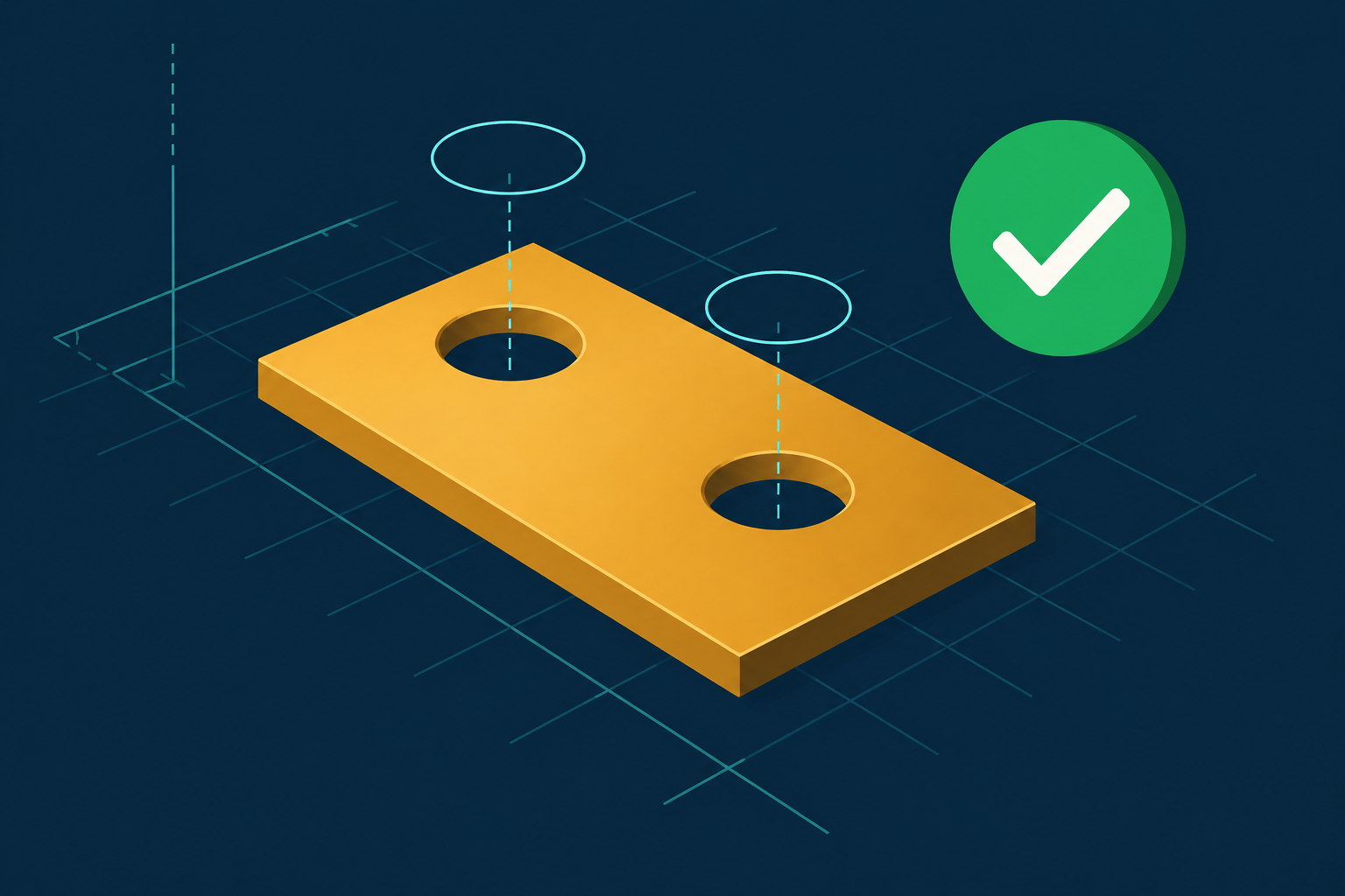Abstract editorial illustration of an amber plate with two holes, thin outline circles floating above them and a green check mark badge beside it, on a navy CAD grid.